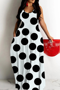 Black And White Casual Polka Dot Print Pocket Contrast O Neck Printed Dresses