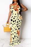 Beige Casual Polka Dot Print Contrast O Neck Printed Dresses