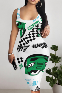 White Sexy Graffiti Print Contrast U Neck Printed Dresses