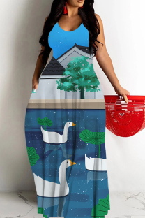 Blue Sexy Cartoon Print Pocket Contrast O Neck Printed Dresses