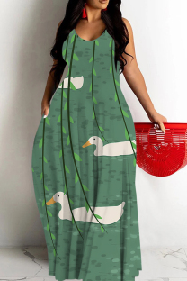 Green Sexy Cartoon Print Pocket Contrast O Neck Printed Dresses
