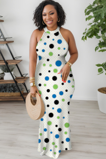 Blue White Casual Polka Dot Print Contrast O Neck Printed Dresses