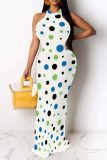 Beige Casual Polka Dot Print Contrast O Neck Printed Dresses