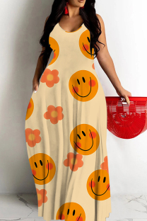 Shallow Yellow Sexy Graffiti Print Pocket Contrast O Neck Printed Dresses