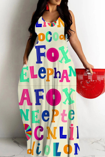 Apricot Sexy Letter Print Pocket Contrast O Neck Printed Dresses