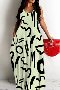 Green Sexy Letter Print Pocket Contrast O Neck Printed Dresses