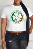 White Green Casual Four Leaf Clover Contrast O Neck T-Shirts