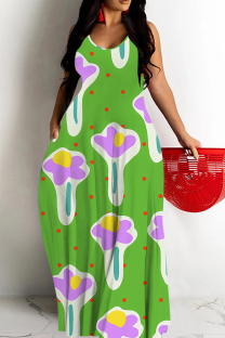 Green Sexy Graffiti Print Pocket Contrast O Neck Printed Dresses