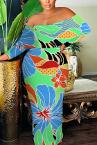Turquoise Sexy Geometric Print Flowers Contrast Off Shoulder Printed Dresses