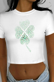 White Green Casual Four Leaf Clover Contrast O Neck T-Shirts