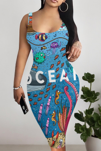 Blue Sexy Graffiti Print Contrast U Neck Printed Dresses
