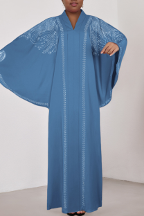 Baby Blue Casual Solid Color Hot Drill V Neck Long Dresses