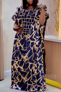 Deep Blue Elegant Print Patchwork Asymmetrical Collar Long Dresses