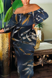 Navy Blue Sexy Geometric Print Flowers Contrast Off Shoulder Printed Dresses