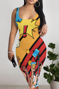 Yellow Sexy Graffiti Print Contrast U Neck Printed Dresses