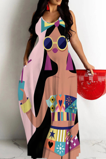 Light Pink Sexy Cartoon Print Pocket Contrast O Neck Printed Dresses