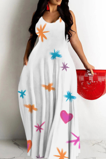 White Blue Sexy Flowers Heart Shaped Leaf Print Pocket Contrast O Neck Printed Dresses