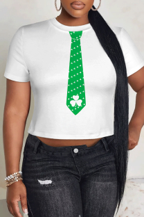 White Casual Four Leaf Clover Contrast O Neck T-Shirts