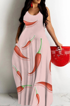 Light Pink Sexy Graffiti Print Pocket Contrast O Neck Printed Dresses