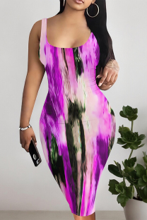 Purple Sexy Striped Print Contrast U Neck Printed Dresses