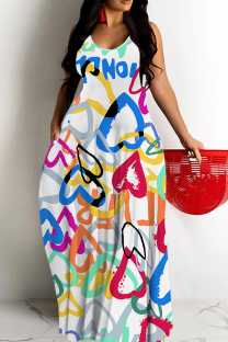 Multicolor Sexy Flowers Heart Shaped Leaf Print Pocket Contrast O Neck Printed Dresses