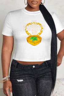 White Yellow Casual Four Leaf Clover Contrast O Neck T-Shirts