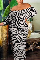 Beige Sexy Zebra Print Print Contrast Off Shoulder Printed Dresses