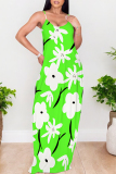 Fluorescent Green Sexy Graffiti Print Pocket Contrast O Neck Printed Dresses