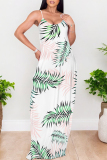 Turquoise Sexy Flowers Heart Shaped Leaf Print Pocket Contrast O Neck Printed Dresses