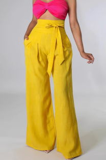Yellow Casual Solid Color Pocket Strap Design Zipper Loose Patchwork Bottoms