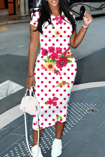Rose Red Casual Colorblock Flowers Print Contrast O Neck Printed Dresses