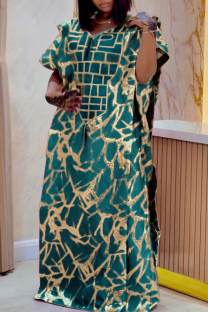 Green Elegant Print Patchwork Asymmetrical Collar Long Dresses