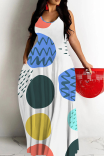 Turquoise Casual Polka Dot Print Pocket Contrast O Neck Printed Dresses