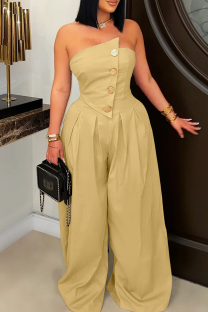 Khaki Casual Solid Color Buckle Strapless Loose Jumpsuits