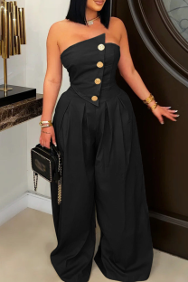 Black Casual Solid Color Buckle Strapless Loose Jumpsuits