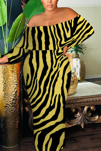 Yellow Sexy Zebra Print Print Contrast Off Shoulder Printed Dresses