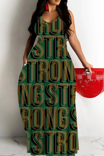 Dark Green Sexy Letter Print Pocket Contrast O Neck Printed Dresses