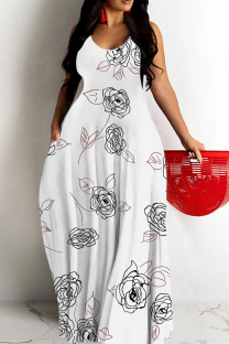 White Sexy Flowers Heart Shaped Leaf Print Pocket Contrast O Neck Printed Dresses