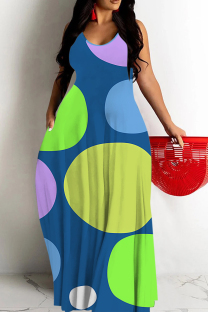 Blue Casual Polka Dot Print Pocket Contrast O Neck Printed Dresses