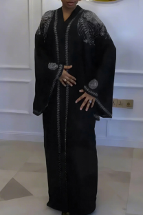 Black Casual Solid Color Hot Drill V Neck Long Dresses