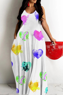 White Pink Sexy Flowers Heart Shaped Leaf Print Pocket Contrast O Neck Printed Dresses