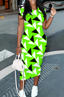Green Casual Colorblock Flowers Print Contrast O Neck Printed Dresses