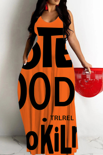 Orange Sexy Letter Print Pocket Contrast O Neck Printed Dresses