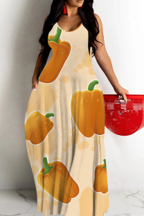 Beige Sexy Graffiti Print Pocket Contrast O Neck Printed Dresses
