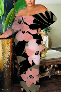 Pink Sexy Geometric Print Flowers Contrast Off Shoulder Printed Dresses