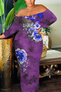 Purple Sexy Geometric Print Flowers Contrast Off Shoulder Printed Dresses
