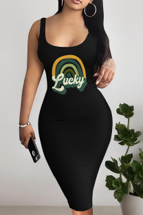 Black Yellow Sexy Colorblock Letter Print U Neck Wrapped Skirt Dresses