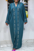 Blue Casual Solid Color Hot Drill V Neck Long Dresses