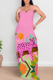 Blue Sexy Cartoon Print Pocket Contrast O Neck Printed Dresses