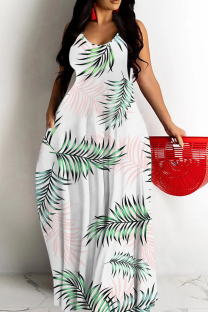 White Green Sexy Flowers Heart Shaped Leaf Print Pocket Contrast O Neck Printed Dresses